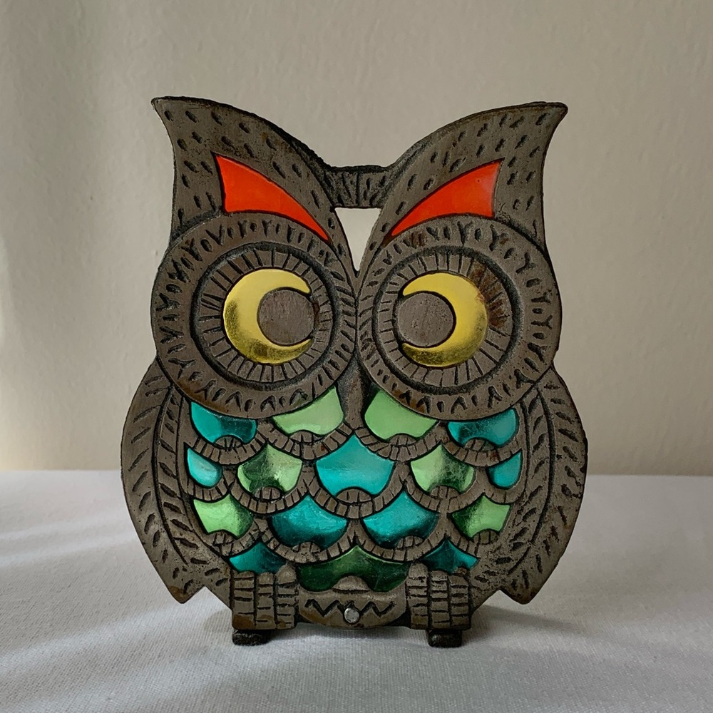 Colorful Stained Glass Vintage Cast Iron Owl Shaped Napkin Holder Made in Taiwan